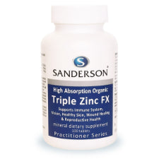 SANDERSON Triple Zinc FX combines three organic, highly bioavailable forms of zinc for optimum potency. Zinc is an essential mineral required for over 300 enzyme reactions, important structural and regulatory roles in the human body. As such it plays a vital role from growth and brain development in the young to supporting eye health in later years. Zinc supports immune function, recovery, and wound healing; maintains healthy skin, and supports reproductive health and fertility.