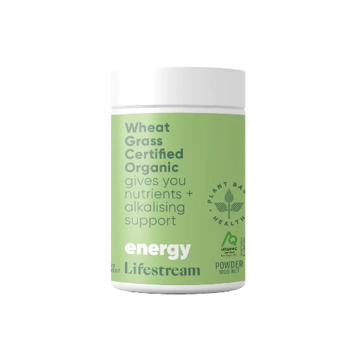 Lifestream Wheat Grass Certified Organic 100g Powder A green nutrition boost. Get a green nutrition boost that helps support your acid/alkaline balance. Our Wheat Grass is certified organic and is a nutritious green superfood full of vitamins, minerals, enzymes, and antioxidants. 