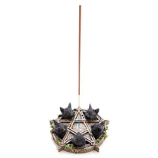 Black Cat Pentacle Incense Burner Pentacle incense burner with 5 black cat heads peeking through Green leaves and swirl motifs add an organic touch Suitable for incense sticks 13(L) x 12.6(W) x 3.7(H) cm SKU: XP-IB/CP