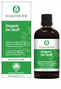 KIWIHERB Organic De-Stuff 50ml Kiwiherb Organic De-Stuff is a pleasant tasting formula designed specifically for the symptomatic relief of mild upper respiratory tract infections, and may reduce the severity and duration of colds. Made from certified organic Elderflower, Echinacea root, Peppermint and Ribwort, this formula has a natural, fresh minty taste.
