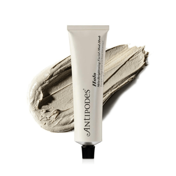 Antipodes Halo Skin-Brightening Facial Mud Mask 75ml 1st Stop, Marshall's Health Shop!  Geothermal New Zealand mud binds to oil, drawing out impurities to give skin a gentle detox. Jojoba beads gently help shift deadened skin cells, whilst Vinanza® Grape & Kiwi and prized peony target dull skin for a fresh complexion.
