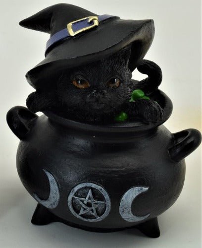 Black Cat In Cauldron This listing is for One of the 2 options. Choose one of the two options, Blue Hat or Black Hat.   This listing is not for 2 items.  SKU: MK392