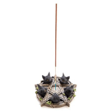 Black Cat Pentacle Incense Burner Pentacle incense burner with 5 black cat heads peeking through Green leaves and swirl motifs add an organic touch Suitable for incense sticks 13(L) x 12.6(W) x 3.7(H) cm SKU: XP-IB/CP