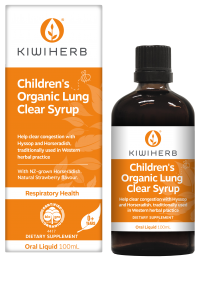 KIWIHERB Children’s Organic Lung Clear Syrup 100ml Kiwiherb Children’s Organic Lung Clear Syrup combines the well known respiratory herbs Hyssop and Liquorice as well as New Zealand grown Horseradish root, to clear mucus from the lower airways, supporting healthy respiration and lung function.