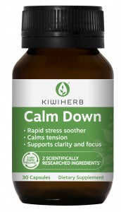 KIWIHERB Calm Down 30 Caps Kiwiherb Calm Down contains a full dose of TWO scientifically researched ingredients (KSM-66® Ashwagandha (also known as Withania) and L-Theanine) at clinically studied doses. Lessens feelings of stress and worry, enabling you to find your innermost calm. Swiftly soothes and calms with a rapid release plant capsule in 5 minutes.
