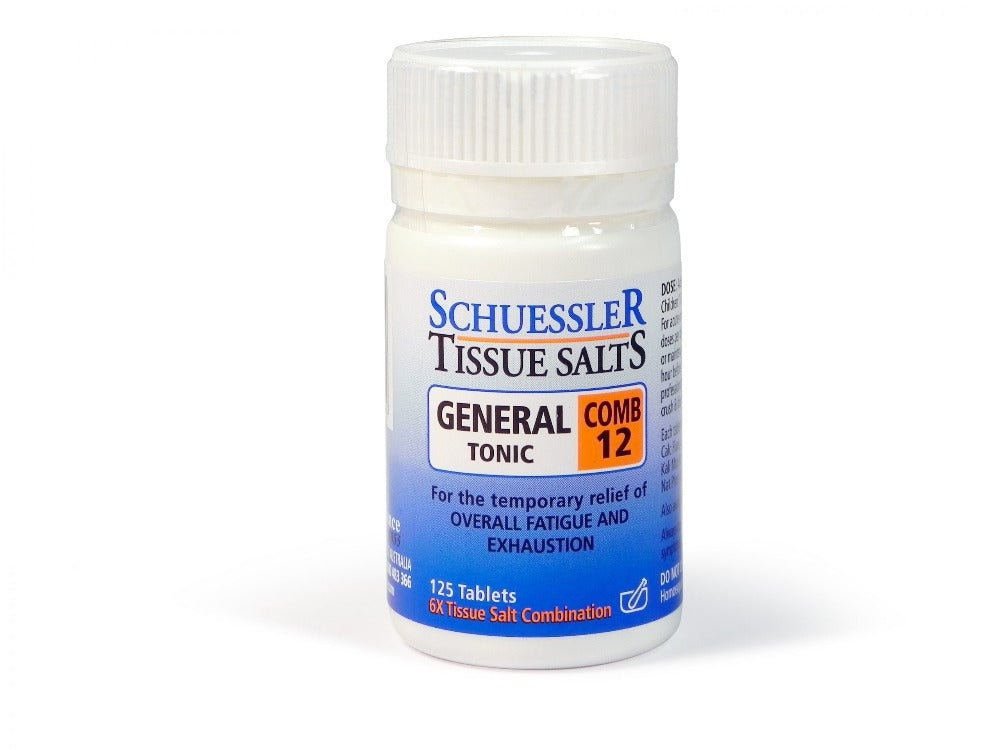 Dr Schuessler Tissue Salts Comb 12 6X 125 Tablets Comb 12 | GENERAL TONIC  A general tonic to be taken during times of hard work, nervous strain or mental fatigue.  HEALTH BENEFITS:  For the temporary relief of: Overall fatigue & exhaustion.