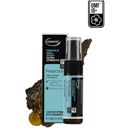 Comvita Propolis Oral Spray Extra Strength 20ml Spray Extra strength bee Propolis oral spray with certified bee Propolis extract and Manuka honey rated at UMF™10+.  Propolis Oral Spray is the original combination of high quality Propolis, Manuka honey, and soothing oils all formulated to help maintain oral health and hygiene. Comvita Propolis contains a range of bioflavonoids. The bees create Propolis from natural resin produced by trees as part of their defence system. 