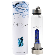 Crystal Point Bottle Lapis  Capacity: 550ml  The bottle is made of high grade borosilicate glass.  The stainless steel base and lid of the bottle can be unscrewed. The glass portion can be washed either by hand or in the dishwasher. Please do not place the crystal wand (attached to the base) in the dishwasher.  SKU: PWLP