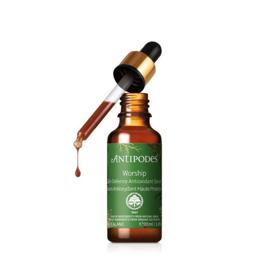 Antipodes Worship Skin Defence Antioxidant Serum 30ml 1st Stop, Marshall's Health Shop!  Safeguard your skin with a daily dose of antioxidant-rich compounds to help combat everyday pollutants. The supreme organic skin booster features New Zealand-grown superfruits, including boysenberries, blackcurrants, kiwifruit, and Vinanza® Grape, to fortify your skin.