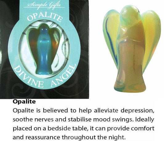Angels are messengers from the higher realm, ready to provide us with guidance. Carving angels help us connect with our own guardian angel who guard and protect us in all that we ask. Each angel is carved from natural gemstones and each has its unique pattern and colour.  Opalite is believed to help alleviate depression, soothe nerves and stabilise mood swings. Ideally placed on a bedside table, it can provide comfort and reassurance throughout the night.