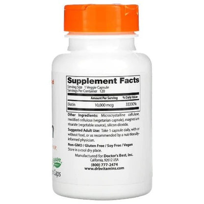 Doctor's Best Biotin provides a substantial dose of the B-complex vitamin biotin. Biotin is indispensable for the unique function of "biotinylation" that facilitates both energy and protein metabolism and healthy DNA activity.