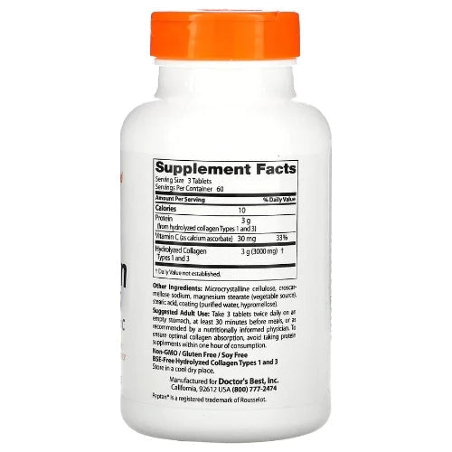 Doctor's Best Collagen Types 1 and 3 with Peptan and Vitamin C, 1,000 mg, 180 Tablets