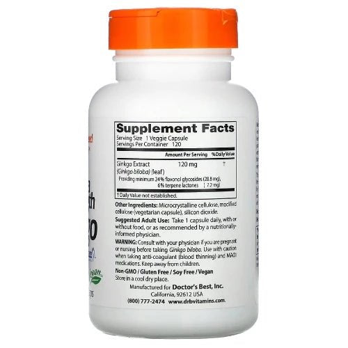 Doctor's Best Extra Strength Ginkgo helps support memory and brain capacity. It also helps support healthy mitochondrial and nerve cell function. This premium quality Ginkgo biloba is a standardized extract, guaranteed to contain  minimum 24% flavonol glycosides and 6% terpene lactones, as verified by independent laboratory analysis.