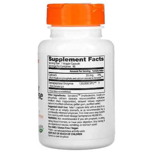 Doctor's Best High Potency Serrapeptase, 120,000 SPU, 90 Veg Caps - Twin pack  Serrapeptase is a protein-digesting enzyme isolated from the friendly bacterium Serratia E-15 discovered in the Japanese silkworm, and has been used as a nutritional supplement in Europe and Asia for over three decades. It is formulated with Serrateric™, a superior alternative to enteric coating that protects the individual enzyme until it reaches the intestine for optimal absorption.