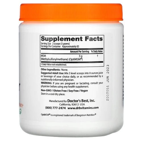 Doctor's Best MSM Powder with OptiMSM, 8.8 oz (250 g) MSM with OptiMSM® provides sulfur known for being nature's 'beauty mineral'. Sulfur is a key component of collagen that supports the skin's structural framework and is a building block of keratin, an important constituent of hair and nails.