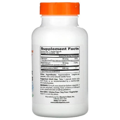 Doctor's Best NAC Detox Regulators supports the production and utilization of glutathione, the foremost protective and regulatory antioxidant naturally concentrated in all healthy cells. NAC (N-Acetylcysteine) is proven to support glutathione production, while selenium and molybdenum are essential for facilitating glutathione's role in supporting energy production, detoxification, and other fundamental life processes. 