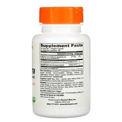 Doctor’s Best Natto-Serra (Nattokinase-Serrapeptase) is a combination of two natural enzymes that have been used as dietary supplements for decades. Serrapeptase (serratio-peptidase) is a protein-digesting enzyme isolated from the friendly bacterium Serratia E-15 discovered in the Japanese silkworm.