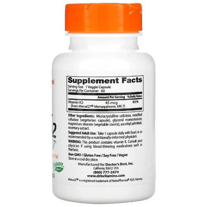Doctor's Best Natural Vitamin K2 MK-7 with MenaQ7® provides the natural form of vitamin K for optimum bioavailability and delivery to the body. Vitamin K isn't one vitamin, it's a family of fat-soluble vitamins with similar chemical structures but different metabolic properties.