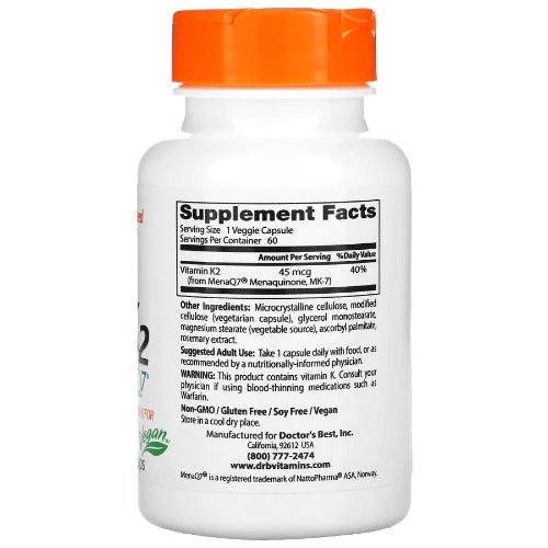 Doctor's Best Natural Vitamin K2 MK-7 with MenaQ7® provides the natural form of vitamin K for optimum bioavailability and delivery to the body. Vitamin K isn't one vitamin, it's a family of fat-soluble vitamins with similar chemical structures but different metabolic properties.