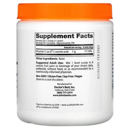 Doctor's Best Pure Vitamin C Powder contains Q®-C, which is manufactured in Scotland and prized for its quality and reliability. Vitamin C is indispensable to the body for its role in the synthesis of collagen, carnitine, and certain brain chemical transmitters. Abundant clinical research confirms Vitamin C's fundamental support for the immune system, brain, eyes, heart and circulation, and all organ systems.