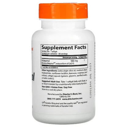 Doctor's Best Ubiquinol with Kaneka Ubiquinol™ contains the reduced form of coenzyme Q10. Both Ubiquinol (CoQ10-H2) and ubiquinone (CoQ10) are metabolically active. Each form has unique roles in cells relating to antioxidant actions, supporting healthy heart function and enhancing energy production.
