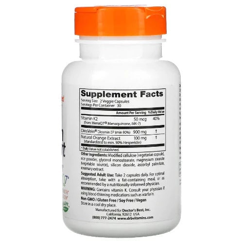 Doctor's Best Vein Support contains DiosVein® Diosmin, used for decades for vascular support in Europe. Derived from sweet orange and rich in bioflavonoids, DiosVein® has been shown in clinical studies to support blood vessel health and support normal circulatory function.