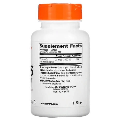 Doctor's Best Vitamin D3 provides D3 (as cholecalciferol) needed for the body to regulate phosphorus and calcium levels for healthy bones, teeth and heart. Vitamin D3 is produced in the skin by absorbing the sun's UV rays and is obtained from food in limited amounts. Sun protection and climate factors may influence low Vitamin D3 levels.