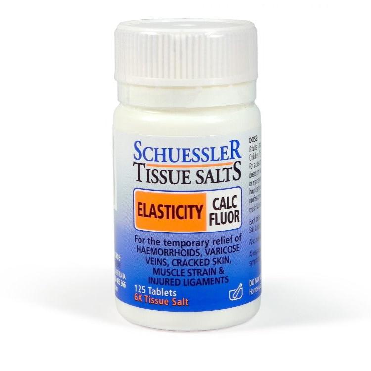 Dr Schuessler Calc Fluor – Elasticity | 125 Tablets Calcium Fluoride | Elasticity Bone surface, blood vessels & muscle tissue.  Calc Fluor is present in the surface of the bones, in the enamel of the teeth and in the elastic fibres of the skin and blood vessels. It is responsible for all the elasticity within the body – deficiencies can lead to varicose veins, over relaxed organs, hardened glands, stretched ligaments.