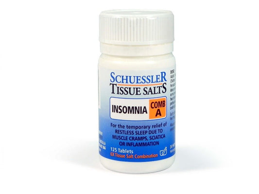 Dr Schuessler Tissue Salts Comb A 6X 125 Tablets Comb A – RESTLESS SLEEP| Insomnia  Sciatica, neuralgia, neuritis and allied conditions that prevent a sound night’s sleep.  Combination A can be usefully taken in addition to any other method that might have to be employed to relieve the pain from inflammation of the sciatic nerve or other forms of neuralgia or neuritis.
