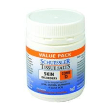 Dr Schuessler Tissue Salts Comb D 6X 250 Tablets Comb D | SKIN DISORDERS  For minor skin ailments, scalp eruptions, eczema, acne, scaling of the skin and allied conditions.  When you want a natural remedy for skin troubles, Combination D is an effective combination of the 4 minerals needed by the body for healthy skin and maintenance. It is best taken as a course of treatment.