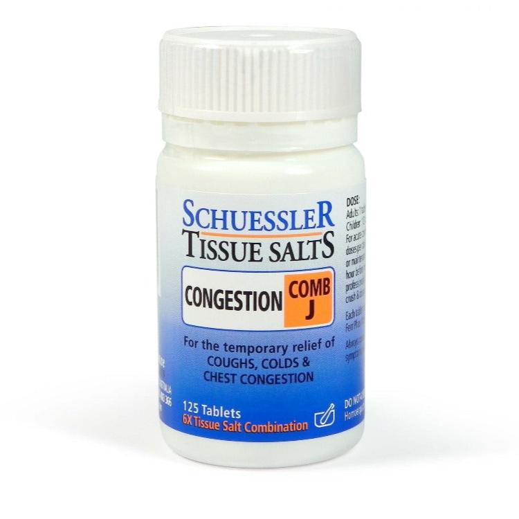 Dr Schuessler Tissue Salts Comb J 6X 125 Tablets Comb J – CONGESTION  Coughs, colds, catarrh and allied conditions.  The autumn and winter seasonal remedy. The common cold with its unpleasant symptoms of runny nose, sneezing and catarrh is often “caught” when the body’s resistance is lowered. Often these symptoms are followed by a cough and slight chest condition. 