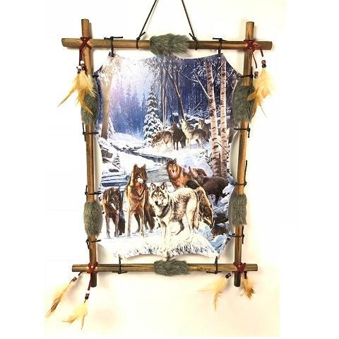 Dreamcatcher Wolf Pack Rectangle
H:56 x W:41 cm with bamboo frame. The edges of the structure are lined with faux fur and accented by tonal feathers.

1st Stop, Marshall's Health Shop, Gift Shop!
SKU: DC1696WP