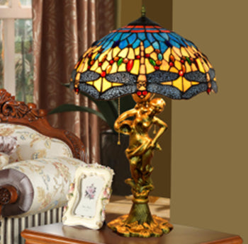 Kaku Table Lamp 16" With Gold Figure (OFT1626) Size: 40 x 64cm  Stained Glass Lampshade,  Aluminum alloy Base