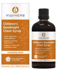 KIWIHERB Children's Goodnight Chest Syrup 200ml Soothes tickly airways to support your child's easy breathing and restful night's sleep. Calms the cycle of repeated night-time chest agitation, to help the body restore and recover. Wild Cherry and Passionflower work to support restful sleep, while Hyssop, Thyme and Marshmallow combine to support clearing mucus from airways.