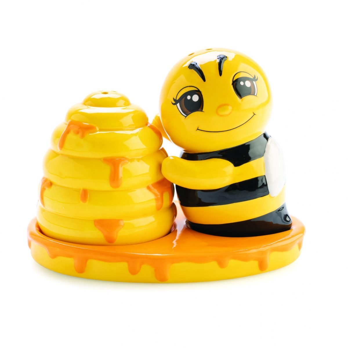 Flavour Mates JoyBee Salt &amp; Pepper Set
Un-bee-lievably cute salt and pepper set shaped like a bee and beehive
Easily distinguish between salt and pepper with different designs
Includes a complimenting tray featuring delicious golden honey drips to display your shakers
Hand wash only – not dishwasher safe
13.5(L) x 8.8(W) x 9.8(H) cm
Colour box

1st Stop, Marshall's Health Shop, Gift Shop!

SKU: TJ-SP/BH