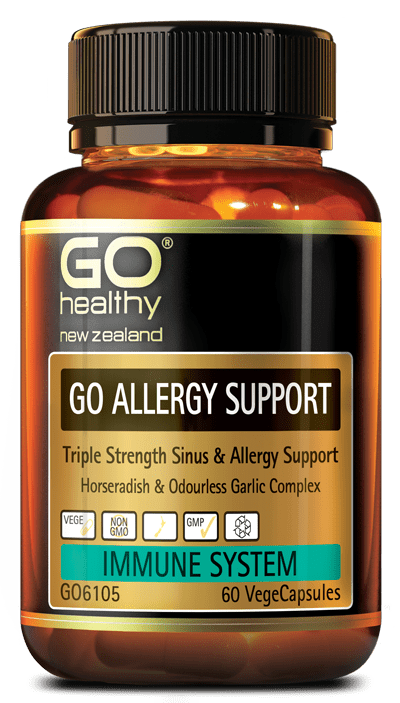GO ALLERGY SUPPORT is a comprehensive formula which supports the body’s ability to naturally deal with allergens for clear airways in the head. This natural support is enhanced with key ingredients at triple strength levels, including Horseradish, Garlic, Histidine and Quercetin.