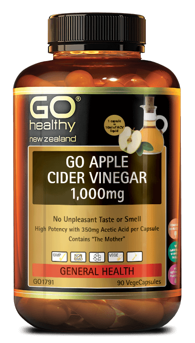 GO Apple Cider Vinegar 1000mg GO APPLE CIDER VINEGAR 1,000mg is made from naturally fermented apples, and supplied in the convenience of a VegeCapsule. This means you can enjoy all of the goodness from Apple Cider Vinegar, without the unpleasant taste or smell, plus as an extra benefit, is kinder on the teeth! Apple Cider Vinegar is often recommended by Healthcare Practitioners as a tonic to support general health and wellbeing.