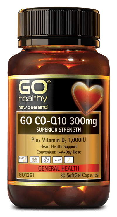 GO CO-Q10 300mg + VITAMIN D3 is a superior strength, heart health and energy formula, supplied in a convenient, easy to swallow 1-A-Day SoftGel capsule dose. Each capsule contains 300mg of Co-Enzyme Q10 plus 1,000U of Vitamin D3 for extra heart support. 