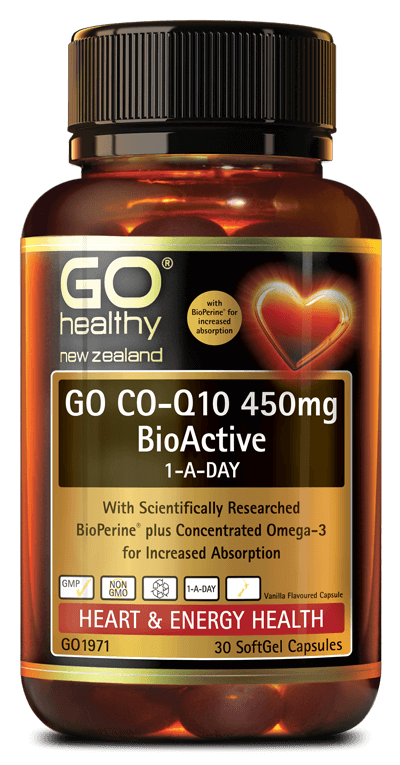 GO CO-Q10 450mg BioActive 1-A-DAY is a superior strength Co-Enzyme Q10 complete heart health and energy formula. Co-Q10 450mg has been combined with the scientifically researched BioPerine® plus concentrated Fish Oil (Omega-3) for enhanced absorption. Co-Q10 supports heart health, promotes energy and offers superior antioxidant protection. Omega-3 provides high levels of EPA and DHA which support general health and wellbeing. 