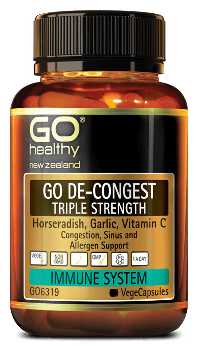 GO DE-CONGEST TRIPLE STRENGTH is a high potency Horseradish, Garlic and Vitamin C formula. These ingredients at triple strength levels are well known to support clear airways in the head and chest when exposed to winter ills and chills, and allergens. Includes additional ingredients such as Fenugreek, Marshmallow and Bromelain to help thin and clear mucus.