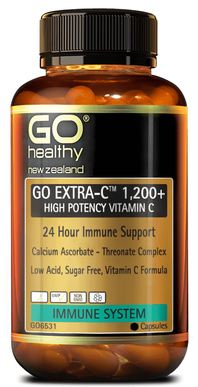 GO EXTRA-C 1,200+ is a high potency, superior Vitamin C formula which provides 24 Hour immune support. Calcium Ascorbate -Threonate Complex is a low acid form of Vitamin C with high bioavailability.  Vitamin C is essential for boosting the health of the immune system and reducing the severity and duration of winter ills and chills.