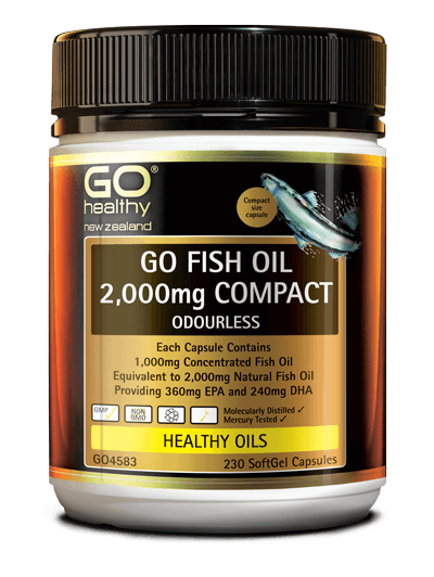 GO FISH OIL 2,000mg COMPACT provides a concentrated source of EPA and DHA Omega 3 Fatty Acids equivalent to 2,000mg natural Fish Oil. Some high strength Fish Oil capsules can be difficult to swallow as they are often large in size. GO Fish Oil 2,000mg has been supplied in a compact capsule, which is half the size of some other 2,000mg Fish Oil products. This compact size makes it easy to swallow, convenient and consumer friendly. 