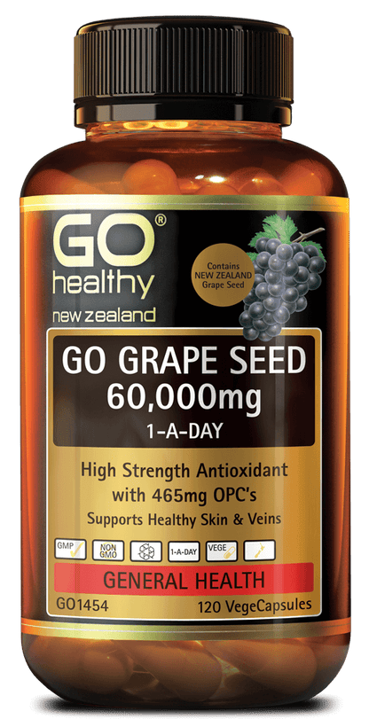 GO GRAPE SEED 60,000mg contains 465mg of Oligomeric Procyanidins (OPC’s). OPC’s deliver superior antioxidant protection that helps to protect cells from free radical damage. The antioxidant properties work to strengthen capillaries, helping to support the health of blood vessels, veins and eyes. OPC’s also support healthy skin by encouraging the production of collagen and elastin the skin matrix.