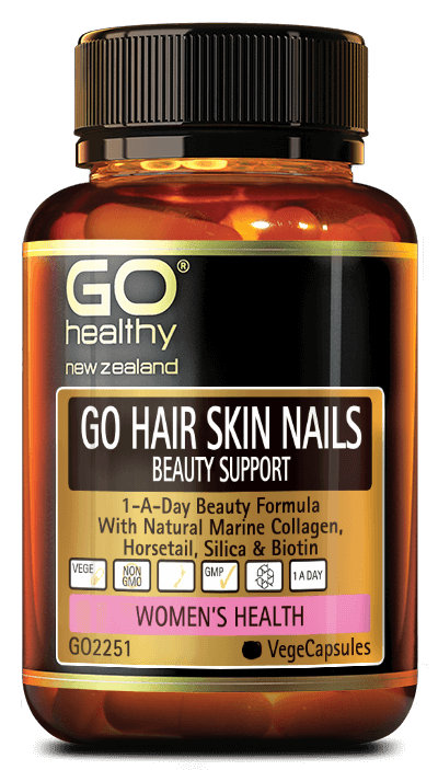 GO HAIR SKIN NAILS BEAUTY SUPPORT contains a specific blend of high strength ingredients designed to support healthy hair, skin and nails. The formulation contains natural marine collagen to help improve skin appearance including fine lines. High potency Silica, Horsetail and Biotin for increased nail thickness and shiny healthy hair. Helps to prevent splitting as well as chipped nails.