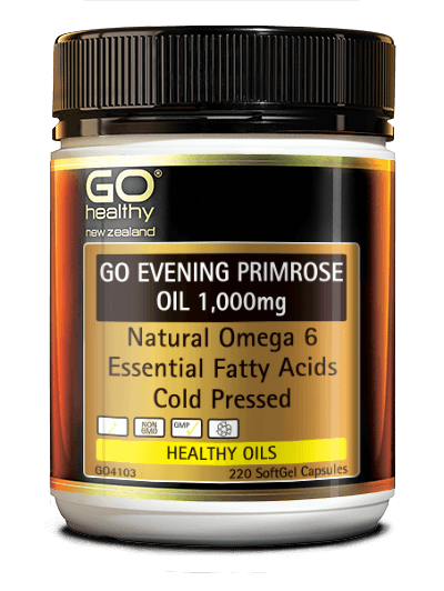 GO EVENING PRIMROSE OIL 1,000mg is a natural source of Gamma Linolenic Acid (GLA), an Omega 6 Essential Fatty Acid. Supplementing with Evening Primrose Oil supports the health of hair, skin and nails as well providing support for the premenstrual period.
