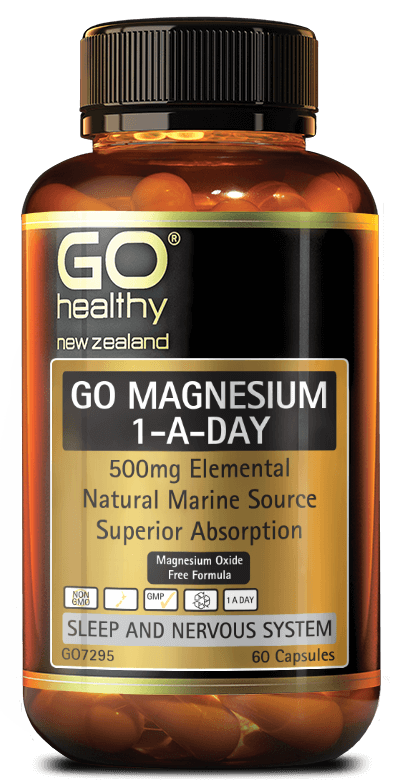 GO MAGNESIUM 1-A-DAY is a high strength, 1-A-Day formula which contains 500mg of elemental Magnesium per capsule.   Sourced from seawater, this natural marine Magnesium contains no Magnesium oxide, giving it superior absorption as well as being gentle on the digestive tract. Magnesium is effective in supporting relaxation, soothing muscle tension and muscle tightness as well as for supporting a good night’s sleep. 