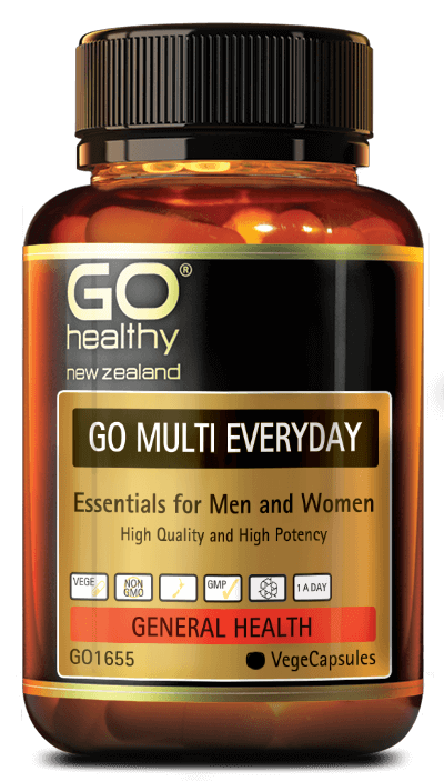 GO MULTI EVERYDAY is a high potency, all in one multi-vitamin and mineral supplement designed for both men and women. GO Multi Everyday works to support energy levels and maintain general health and well-being. Taking a high quality multi vitamin and mineral supplement is recommended by Healthcare Professionals worldwide.