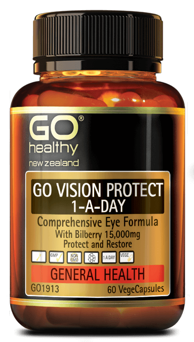 GO VISION PROTECT 1-A-DAY is a comprehensive eye formula designed to support eyes and provide them with the nutrients to support good vision. Key ingredients such as Bilberry, Yumberry and Eyebright along with many other supporting nutrients specific for tired eyes, eye fatigue, eye irritation and sensitivity to glare. This 1-A-Day formula supports age-related eye health and is suitable for long periods of computer screen watching.