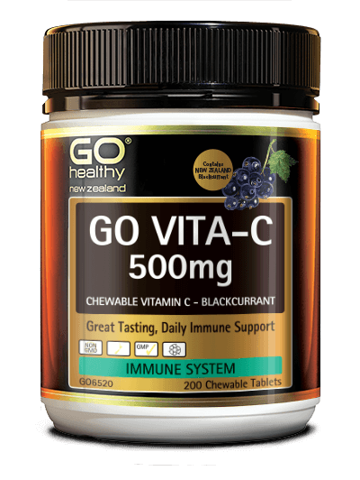 GO VITA-C 500mg is a great tasting chewable Vitamin C formula. This New Zealand blackcurrant flavoured tablet is a low acid Vitamin C formula which gives the added benefit of being tooth friendly and gentle on the digestive system. Vitamin C is essential for boosting the health of the immune system and reducing the severity and duration of winter ills and chills. In addition Vitamin C is a powerful antioxidant, and is considered an essential daily requirement for good health.