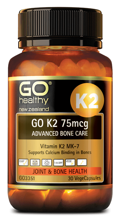 GO K2 75mcg ADVANCED BONE CARE contains 75mcg of Vitamin K2. Vitamin K2 supports Calcium binding to bones, this helps to ensure bones stay strong and healthy and less likely to fracture and deteriorate. Studies also show K2 to be beneficial in supporting the healthy removal of Calcium from artery walls, which is a significant health advancement.